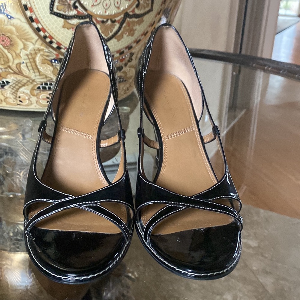 Tahari black patent leather wedge heels